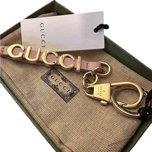 Gucci Pink and Gold Leather Logo Keyring Keychain Bag Charm - Picture 3 of 5